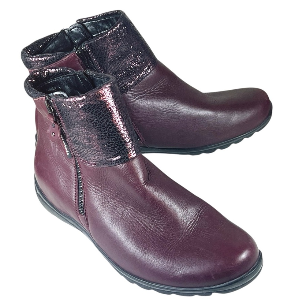 Mephisto Mobils Womens Burgundy Leather Side Zip Ankle Boots w/ Metallic Accent